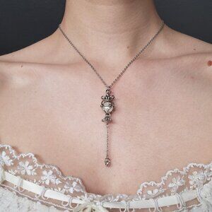 Vintage white pearl and silver rosary necklace with a small silver chain
